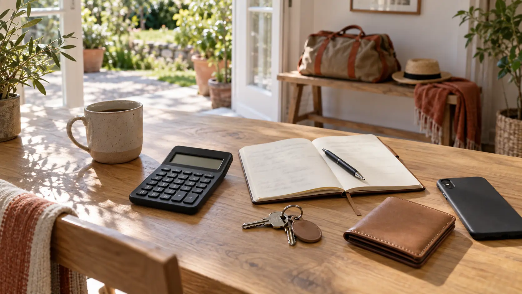 Calculatrice, carnet et objets du quotidien sur une table, évoquant un calcul de budget