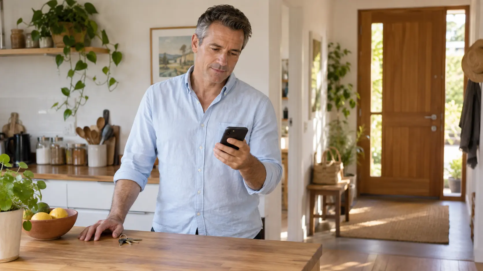Un homme consulte son téléphone dans sa cuisine, trousseau de clés posé sur le plan de travail