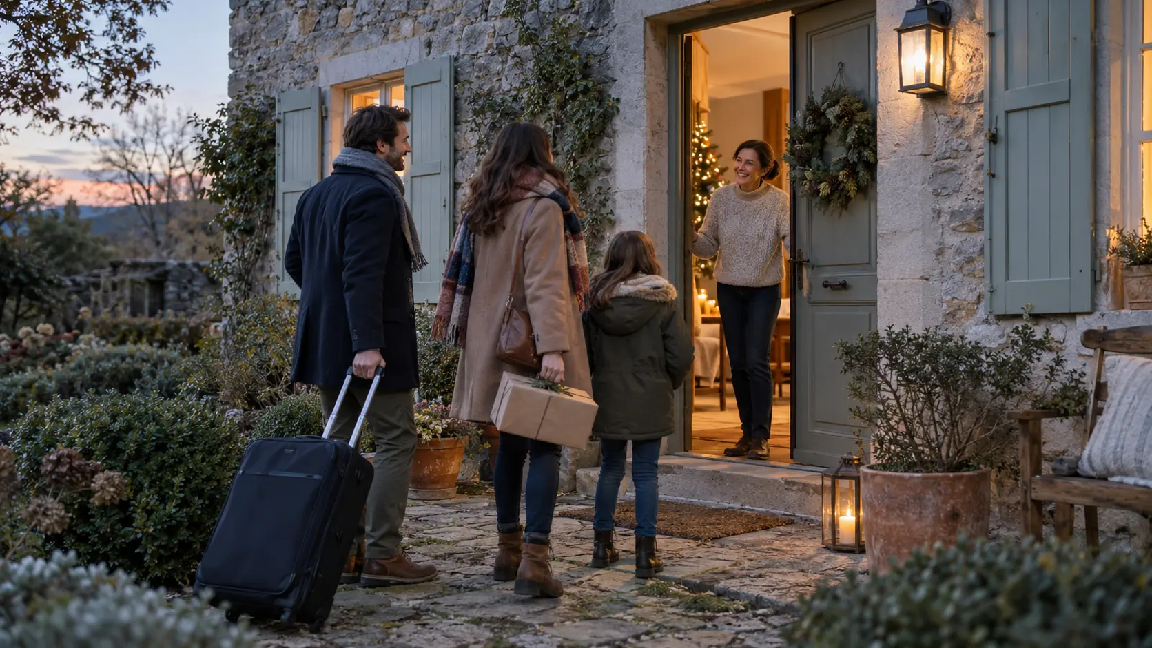 Une famille est accueillie devant une maison en pierre décorée pour les fêtes