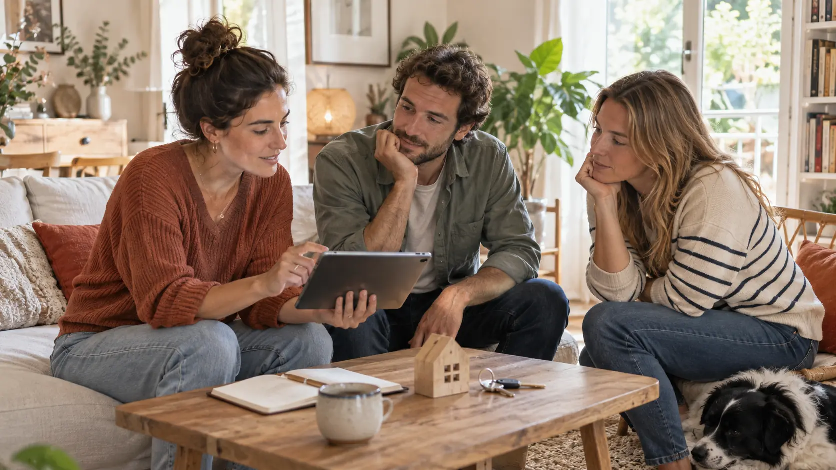 Trois personnes discutent autour d'une tablette et d'une maquette de maison