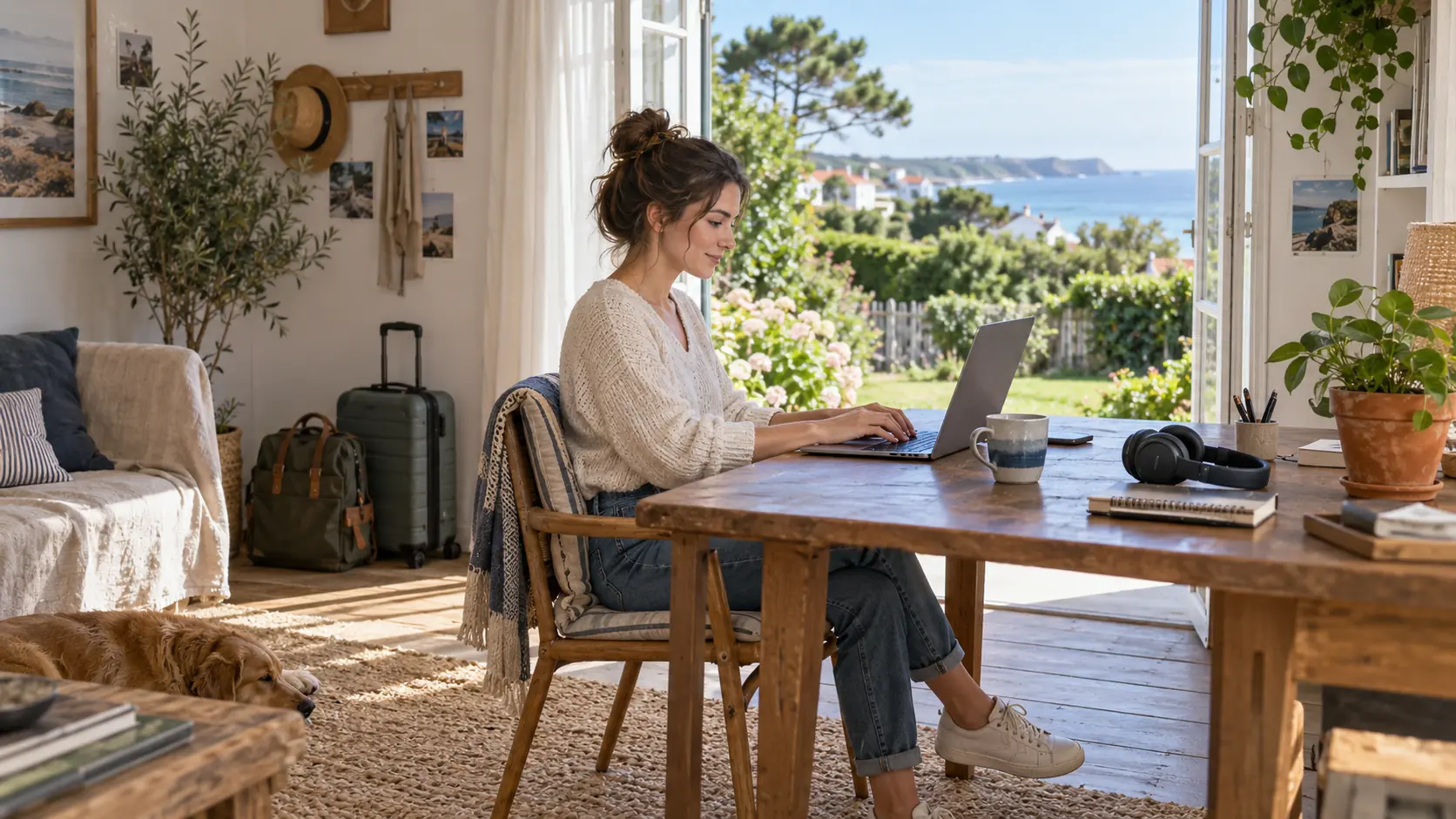 Une femme travaille sur son ordinateur portable avec vue sur la mer, valises à proximité