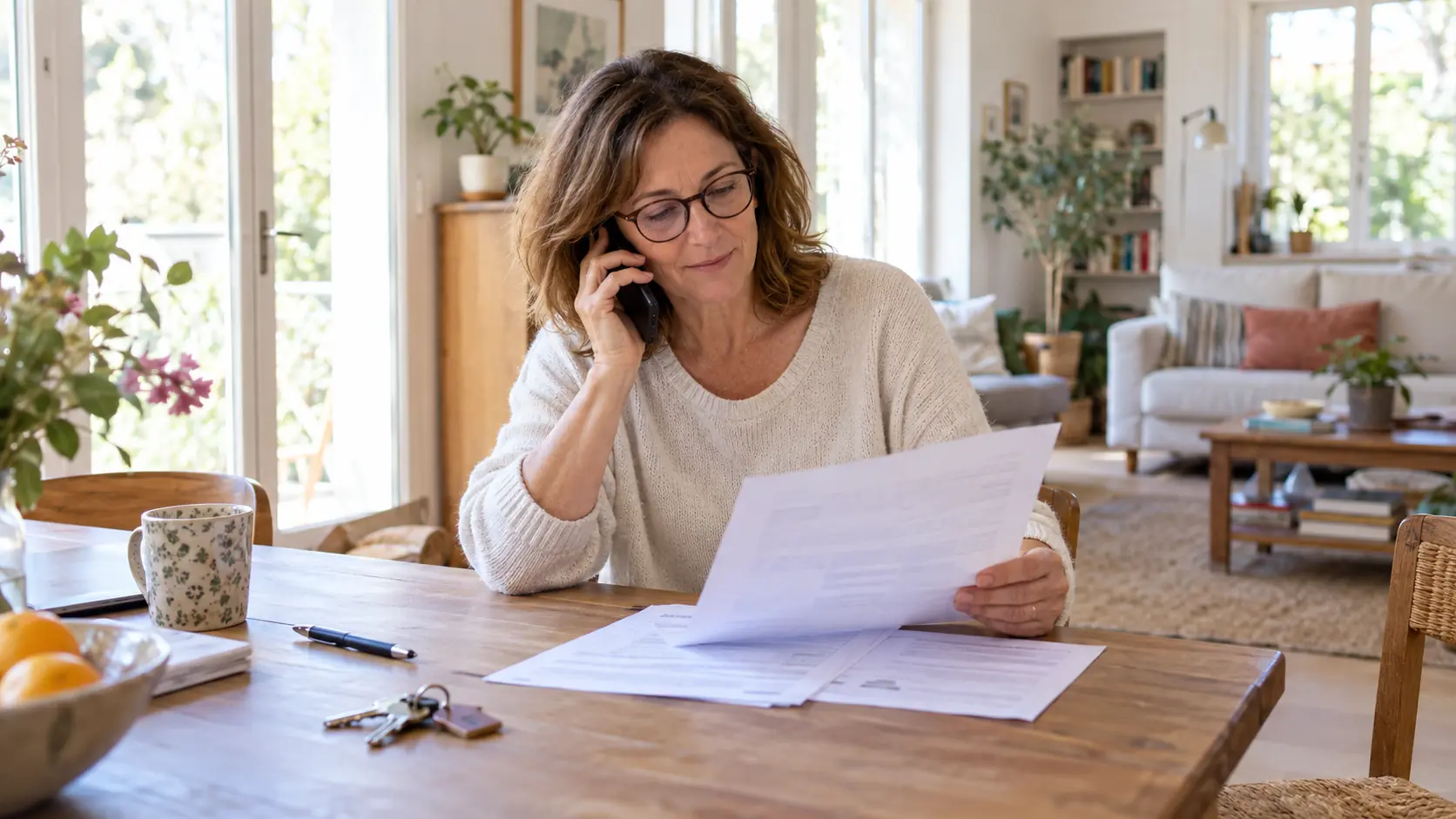 Une femme au téléphone consulte des documents à sa table de cuisine