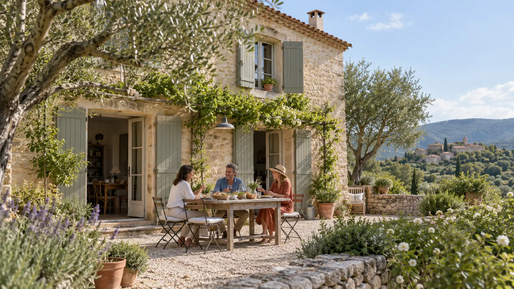 Trois proches partagent un repas sur une terrasse avec vue sur un village du Lubéron
