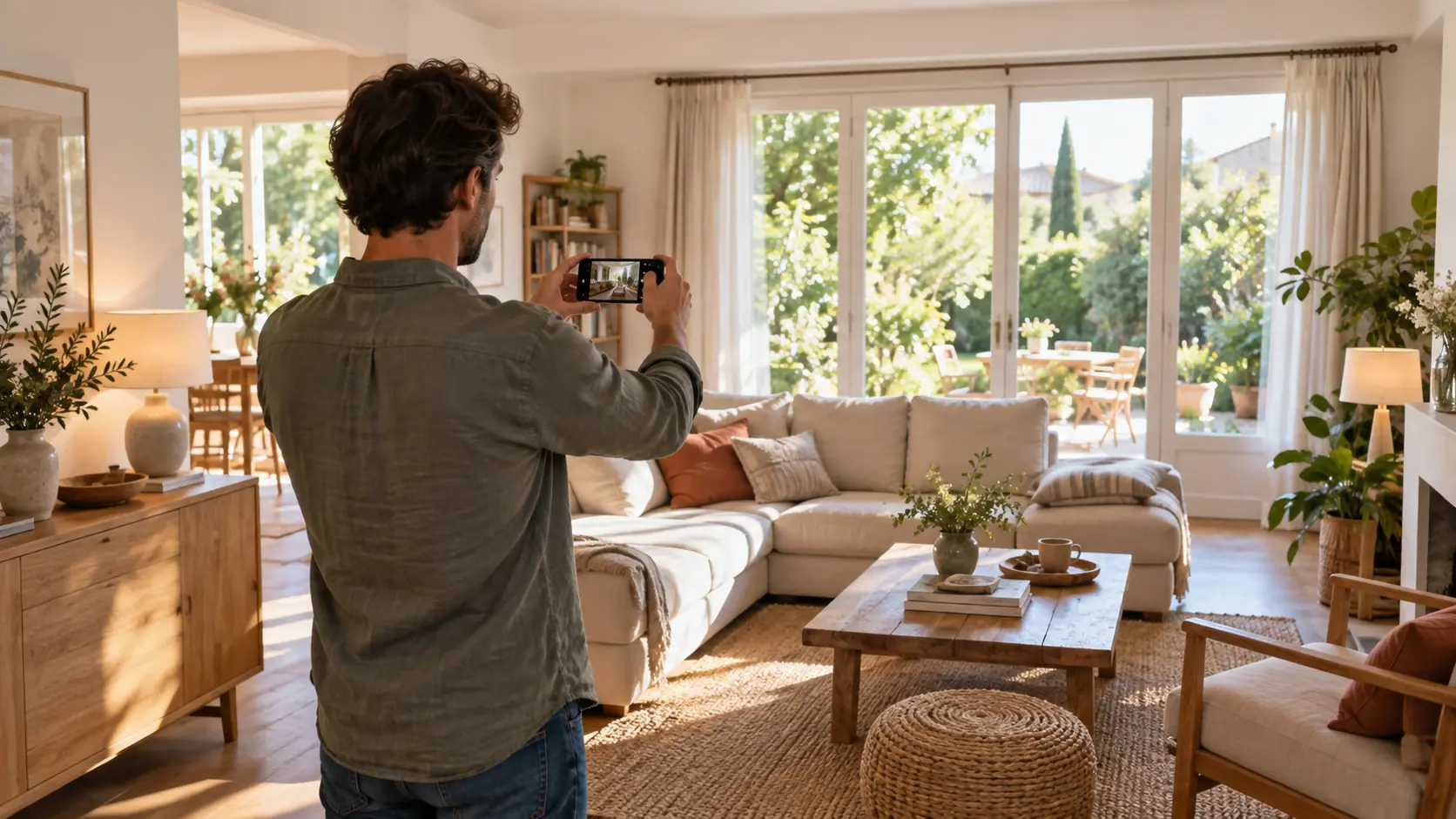 Un homme photographie son salon avec son téléphone