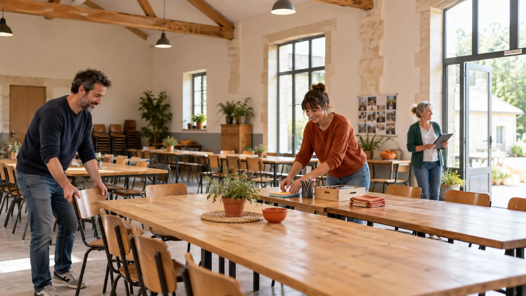 Des bénévoles installent les tables d'une salle des fêtes associative