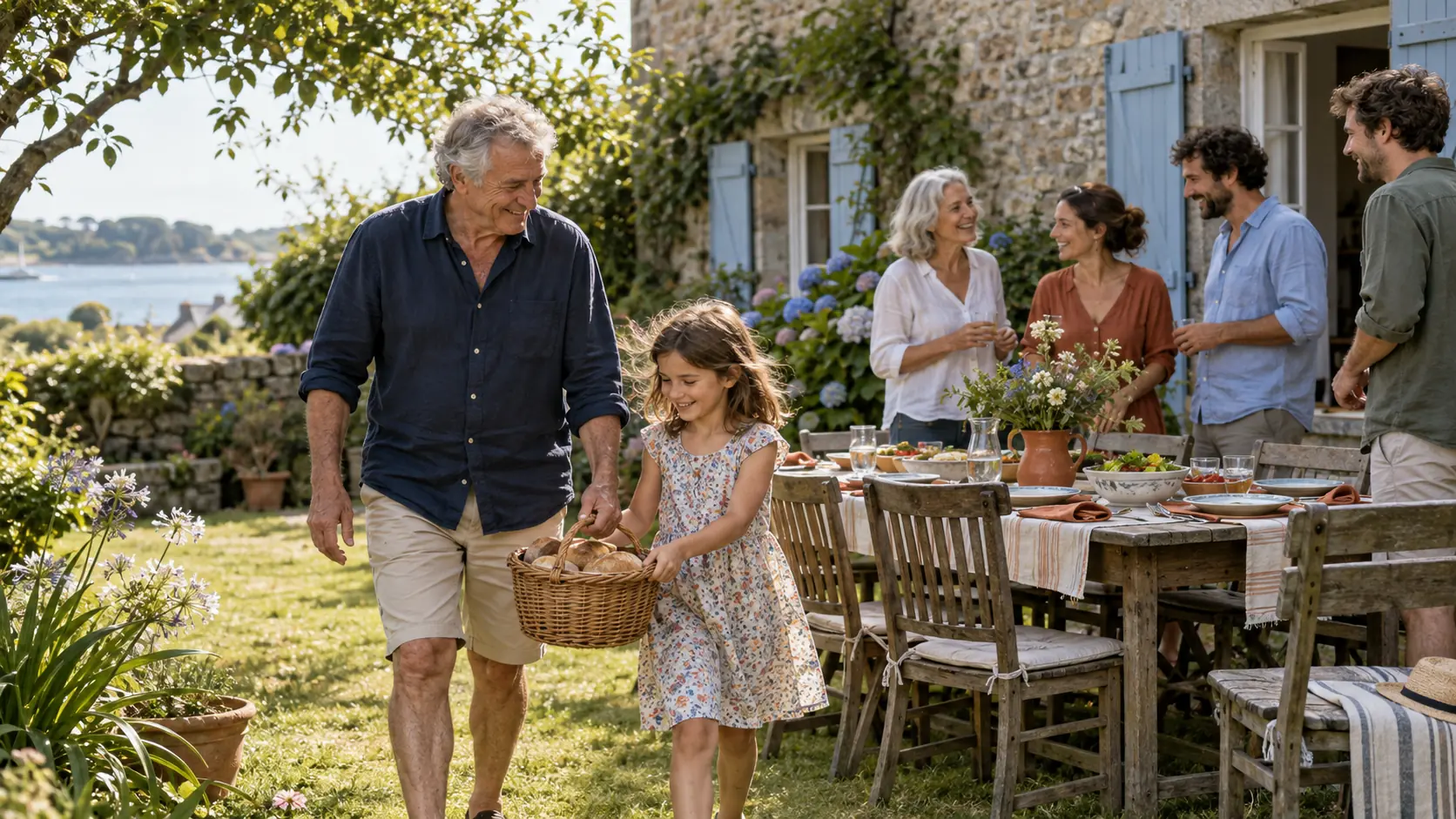 Un grand-père et sa petite-fille portent un panier, famille réunie en arrière-plan près de la mer