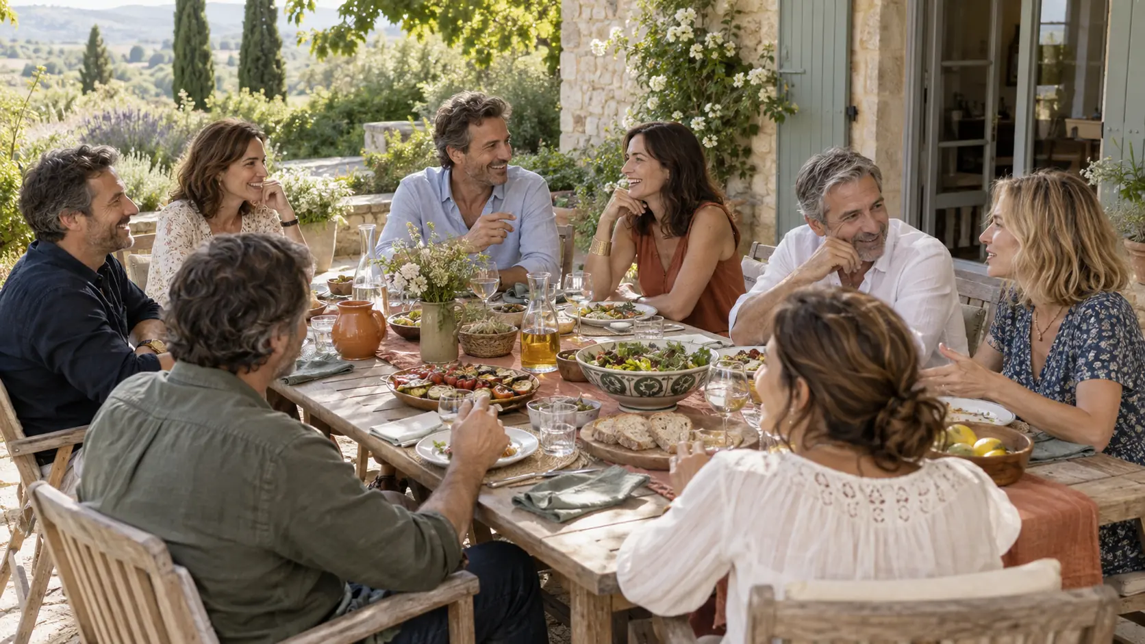 Un grand groupe de proches partage un repas convivial en extérieur