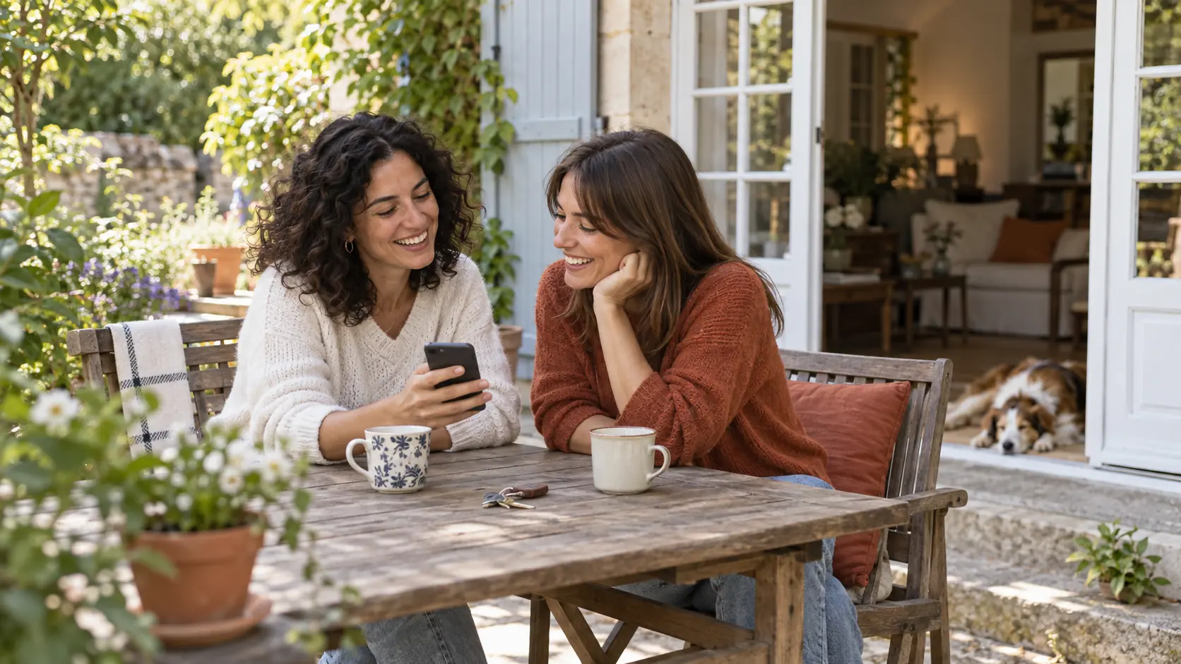 Deux amies rient ensemble en consultant un téléphone